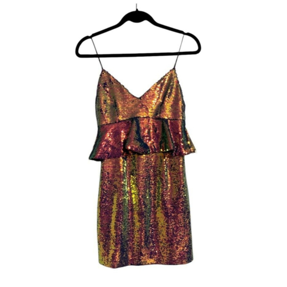 Zara Basic Sequin Dress Peplum Iridescent Metallic Vneck Strappy Lined Small